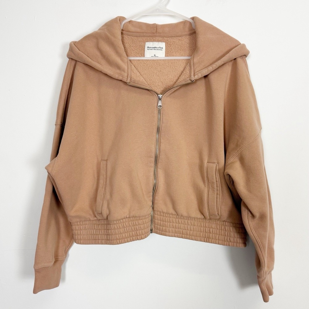 Abercrombie Fitch Hoodie Womens XL Tan Cropped Soft A&F Max Essentials Zip Up